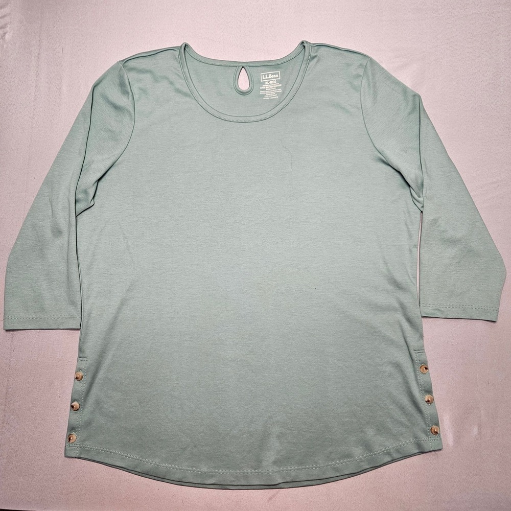 LL Bean Supima Cotton Top Womens XL Sage Green 3/4 Sleeve Side Button 503602